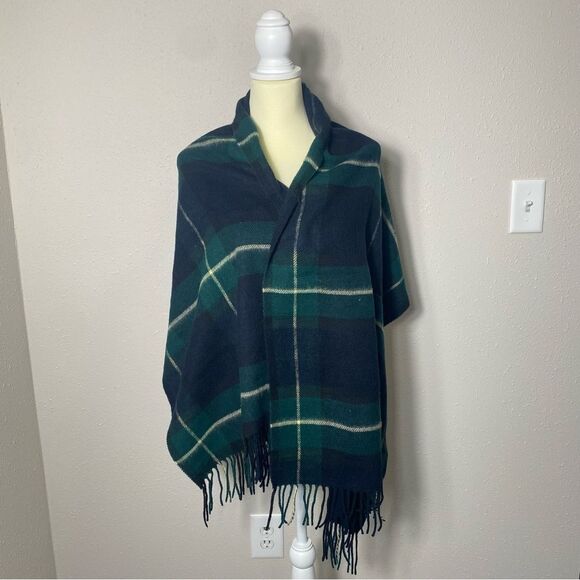 Vintage Blue & Green Plaid Lambswool Scarf With Fringe - Picture 5 of 11